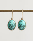 Pair of earrings with turquoise oval stones featuring black floral designs on a white background.