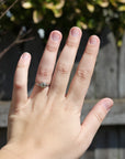 Hand wearing a ring with a blurred natural background