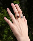 Hand wearing a ring with a red gemstone against a green leafy background