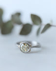 Silver ring with a diamond on a light background with green leaves