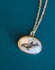 Necklace with a pendant featuring an illustration of a orca on a blue background