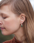 sage green jade oval beads hang beneath silver ear wires featuring little silver roses on them