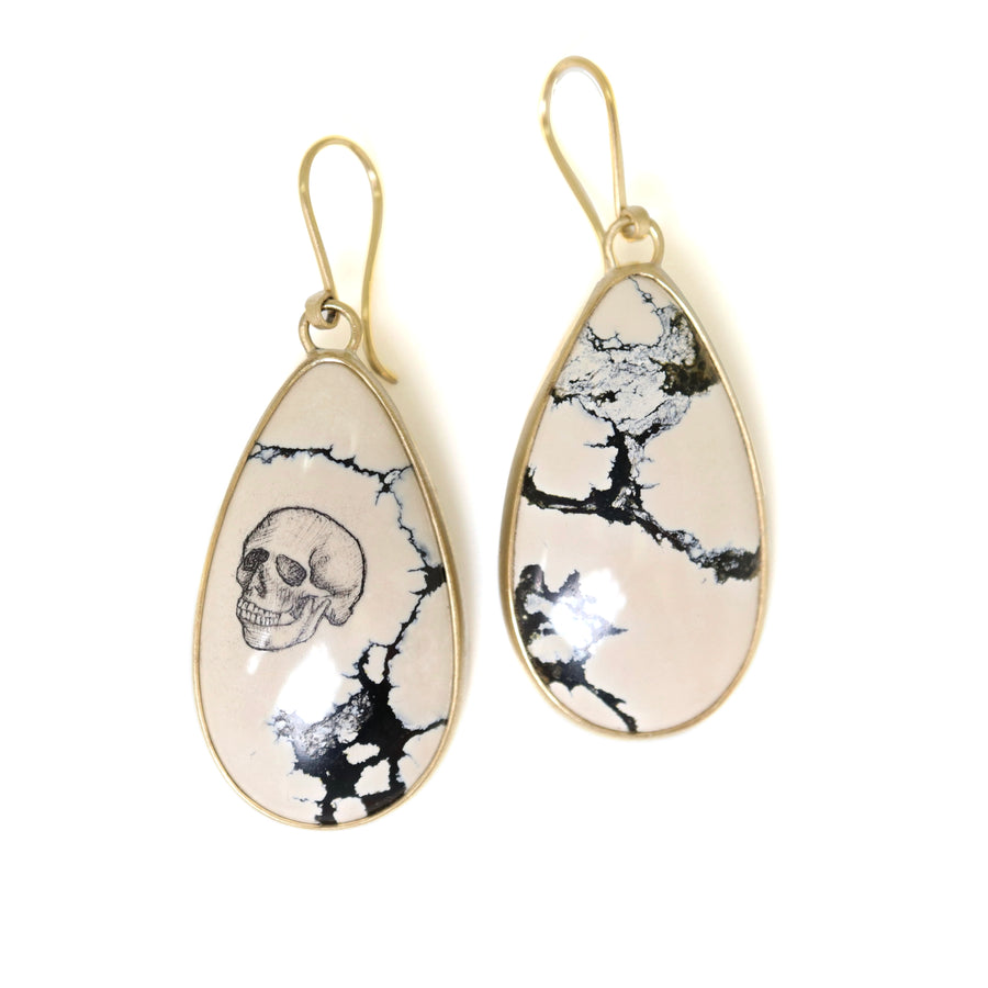 Skull and hourglass scrimshaw on variscite - earrings