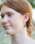 whiskey tourmaline chrysalis earrings with prongs on person by hannah blount jewelry