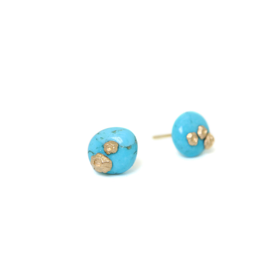 Kingman Turquoise Ruthie B. Studs with gold barnacles - Hannah Blount Jewelry