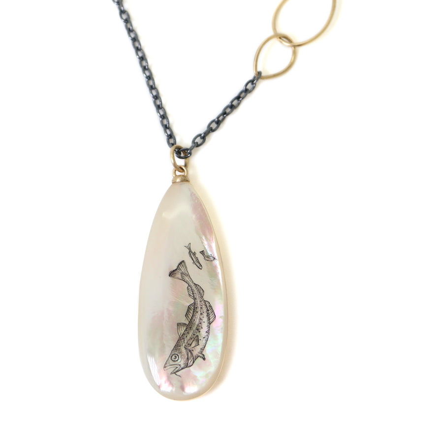 Codfish and school of fish scrimshaw on mother of pearl - necklace