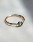 Gold ring with a light blue gemstone on a fabric background