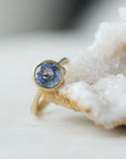 Periwinkle Montana sapphire in yellow gold bezel setting with hand-carved barnacles