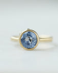 Periwinkle Montana sapphire in yellow gold bezel setting with hand-carved barnacles