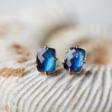 rectangular blue kyanite stud earrings with gold prongs by hannah blount