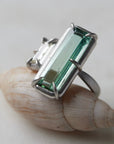 long, rectangular tourmaline stone set with prongs next to a diamond baguette. The ring is platinum, and shown balancing on a shell.