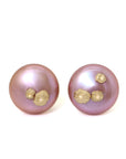 large pink button pearl studs with five gold barnacles by hannah blount