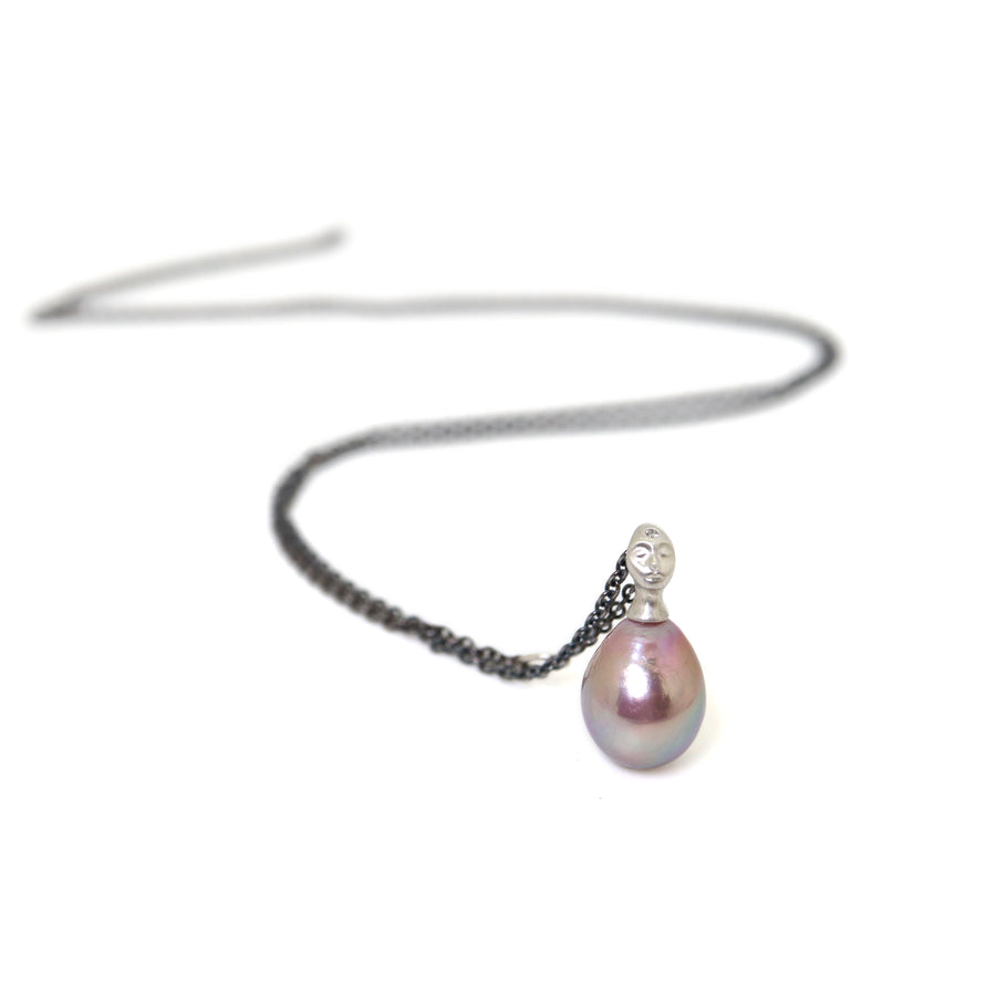 Pink baroque freshwater pearl with silver cameo grey lady face bail and diamond third eye on oxidized black silver chain, by hannah blount jewelry