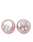 pink freshwater button pearl earring studs with silver barnacles by hannah blount jewelry