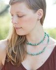 Kingman turquoise double-strand necklace with burnt sienna-hued silk and gold clasp by Hannah Blount
