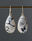 Hand drawn skull and hourglass scrimshaw on variscite - earrings