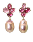 mosaic earrings studs of multicolored pink tourmalines in a flower pattern, with drops of pink pearl, by hannah blount