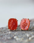 Carved serpentine on carnelian vanity earrings by Hannah Blount