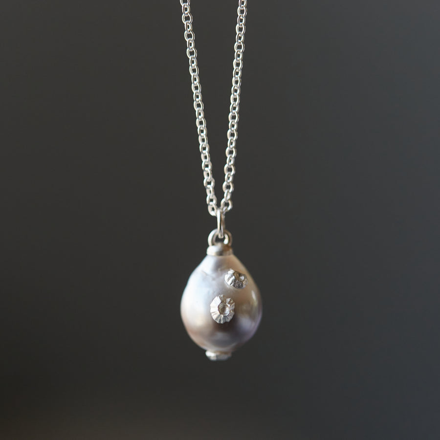 Tahitian pearl necklace with silver barnacles by Hannah Blount