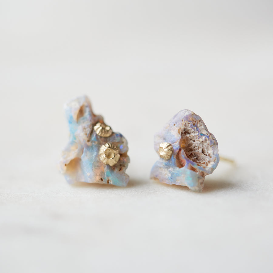 Raw opal studs with gold barnacles by Hannah Blount