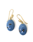 mottled blue common opal oval drops set as earrings with ear wires featuring gold Lady faces
