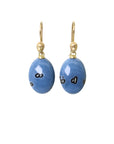 mottled blue common opal oval drops set as earrings with ear wires featuring gold Lady faces