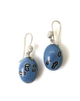 mottled blue common opal oval drops set as earrings with ear wires featuring silver Lady faces