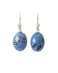 mottled blue common opal oval drops set as earrings with ear wires featuring silver Lady faces