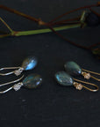 two pairs of labradorite marquise drop earrings with silver and gold rose garden ear wires