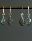 two pairs of labradorite marquise drop earrings with silver and gold rose garden ear wires