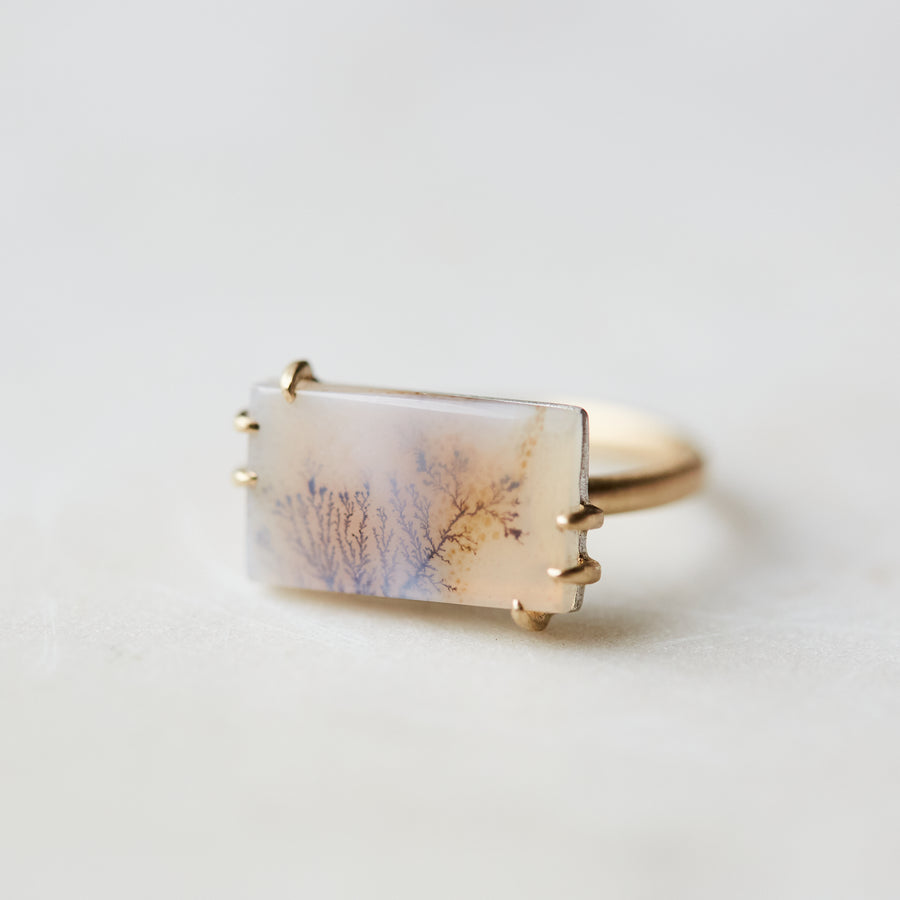 rectangular dendritic agate ring set with gold prongs by hannah blount