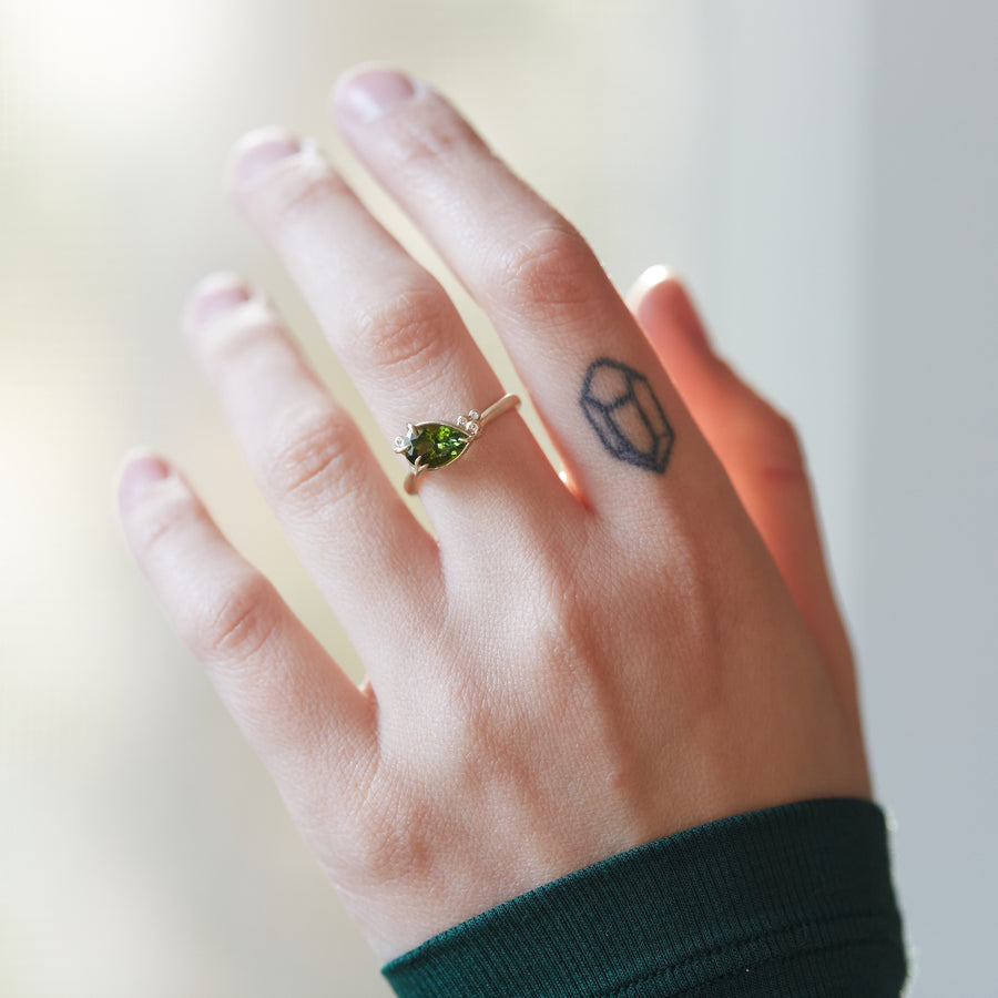 Green tourmaline and diamond branch gold ring by Hannah Blount