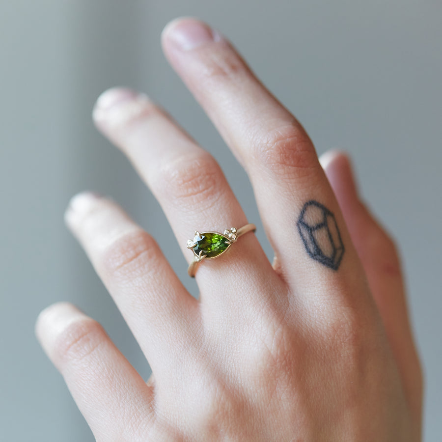 Green tourmaline and diamond branch gold ring by Hannah Blount