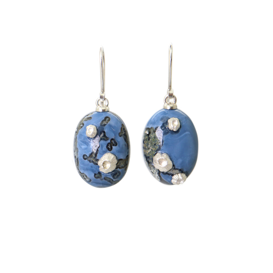 mottled blue common opal earrings with silver barnacles and ear wires