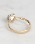A vintage-style gold ring with a cluster of small barnacles on the setting, photographed on a light marble surface.