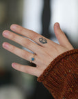 Hand wearing blue gemstone ring.