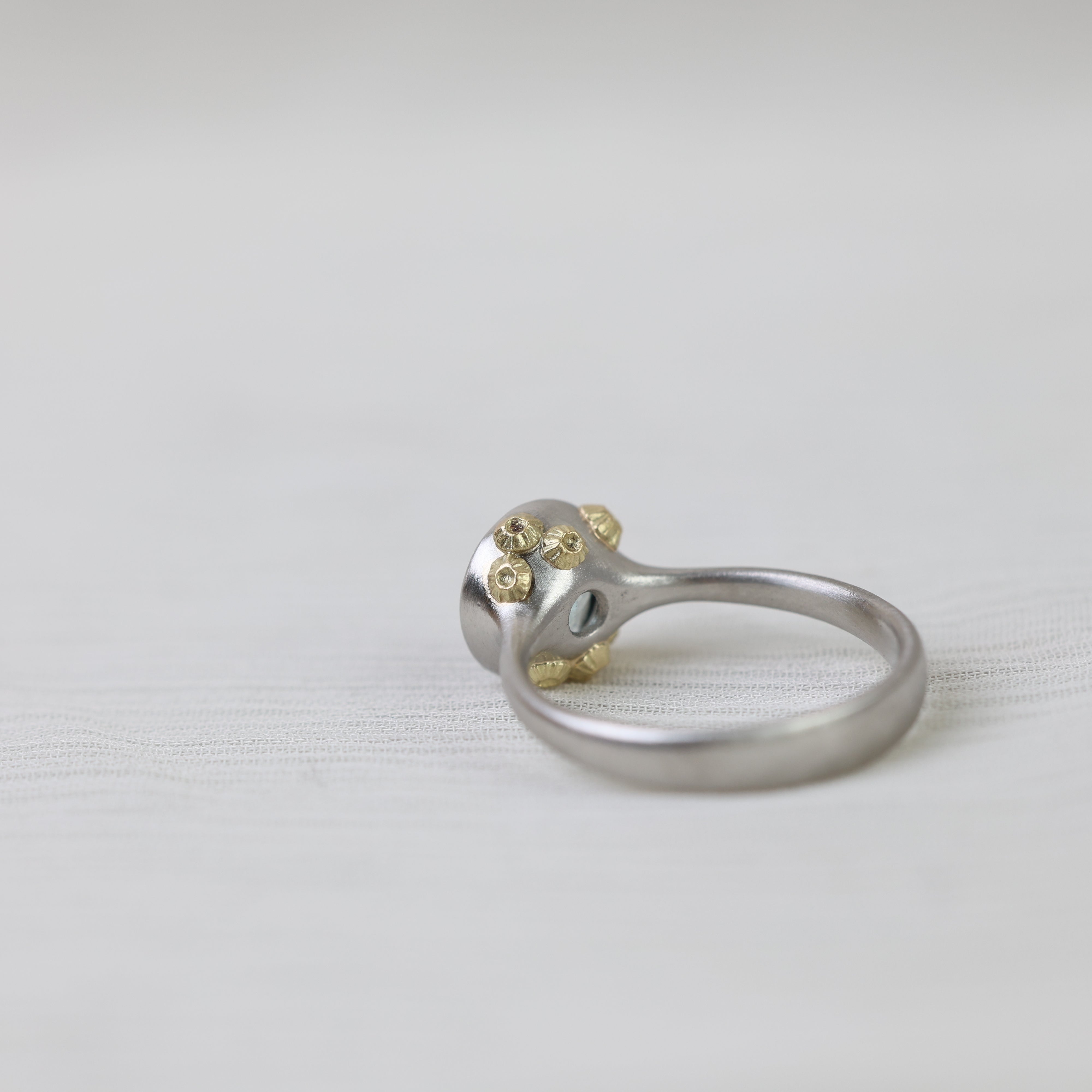 silver ring with gold barnacles on a white background 
