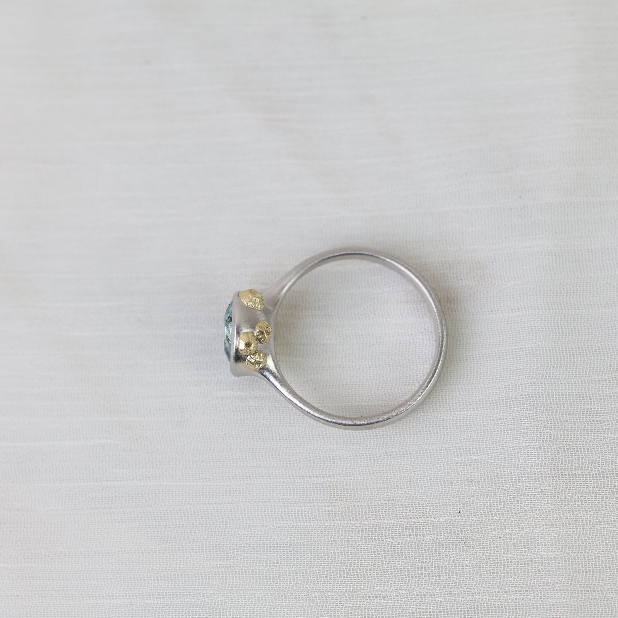 silver ring with gold barnacles on a white background