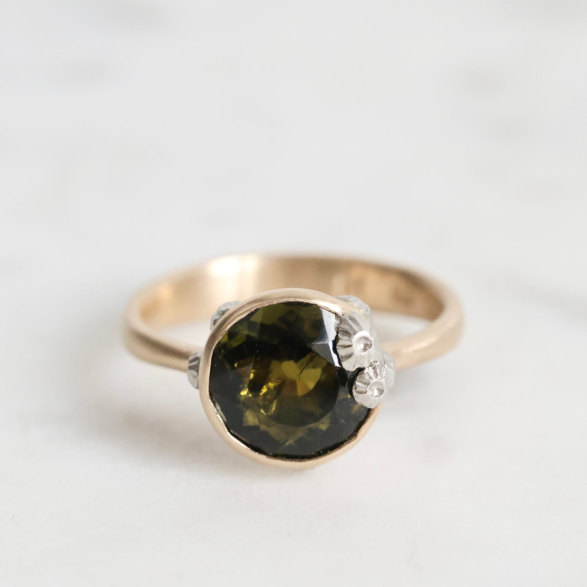 olive tourmaline ruthie b ring in gold with barnacles 