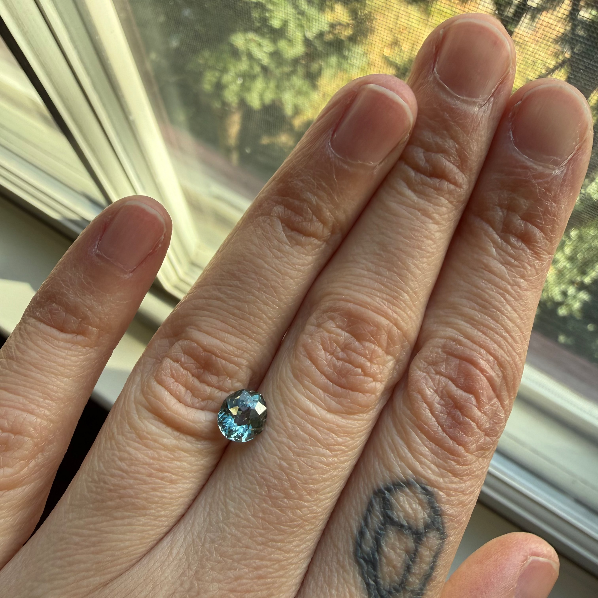 Hand wearing a ring with a blue gemstone, with a window and greenery in the background.