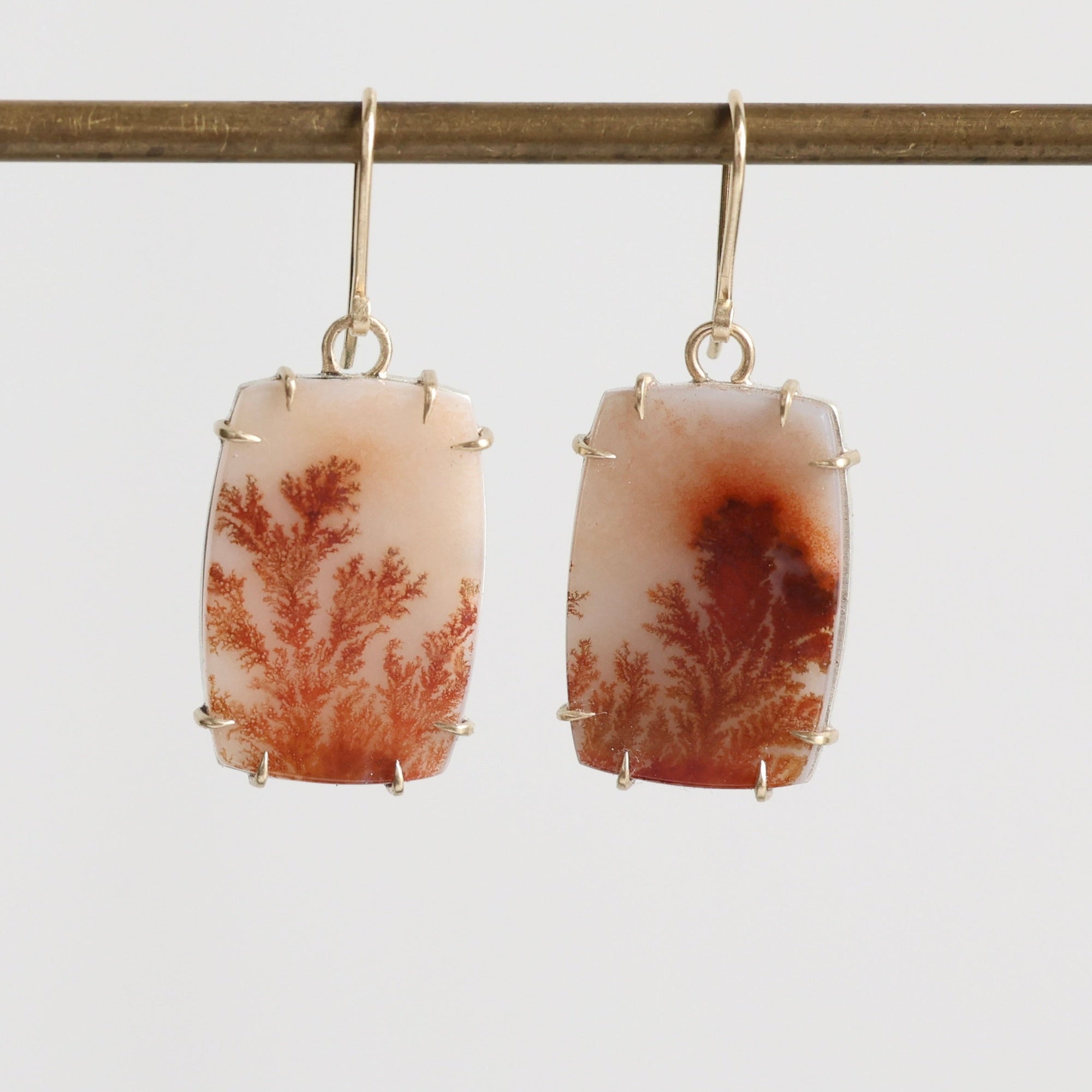 Pair of earrings with brown and beige stone on a white background