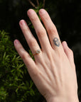 Hand with a ring and tattoo against a natural background