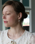 Woman wearing a white lace dress with a drop herkimer earrings