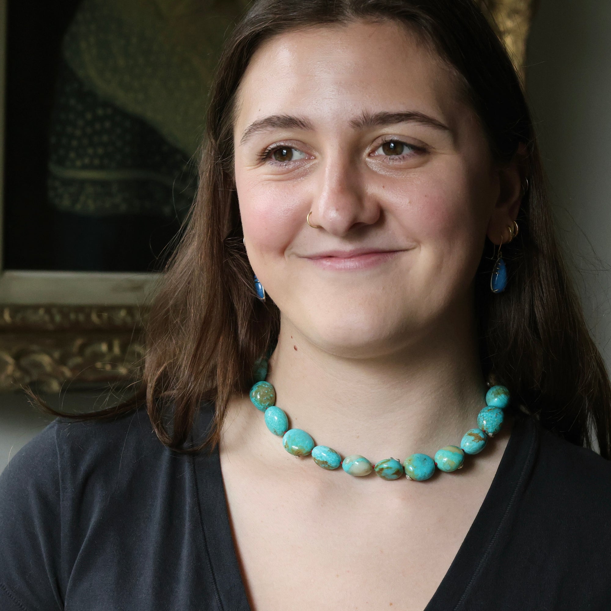 woman wearing chunky turquoise strand