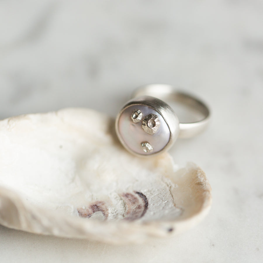 Hannah Blount Jewelry Small Coin Pearl Ring with Barnacles in Silver