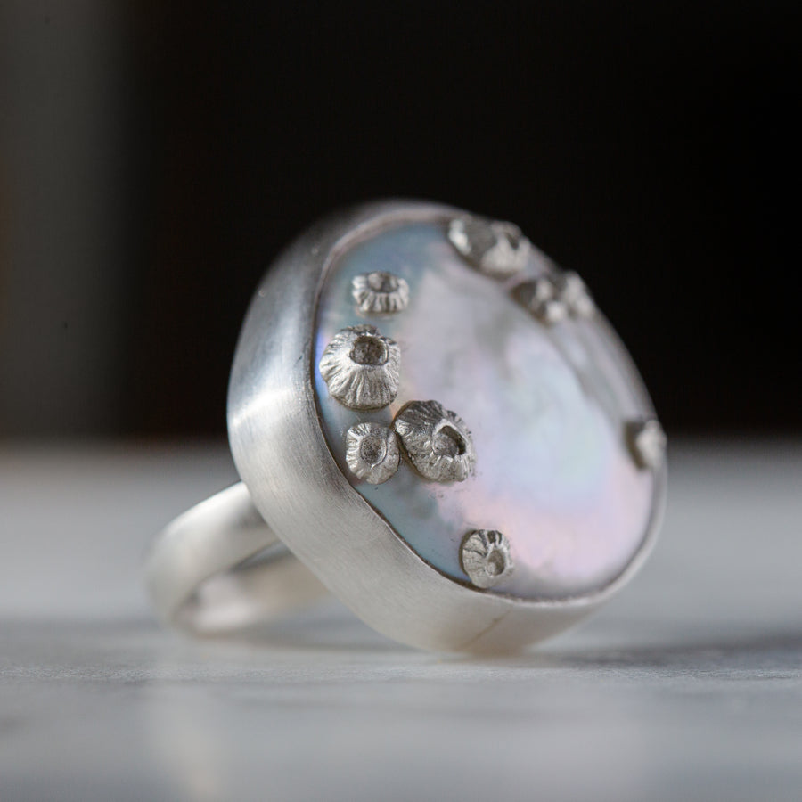 Hannah Blount Jewelry Large Coin Pearl Ring with Barnacles in Silver