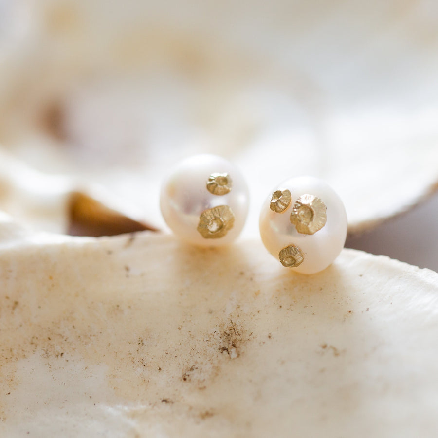Hannah Blount Jewelry Pearl Ruthie B. Studs with Barnacles in 14k gold