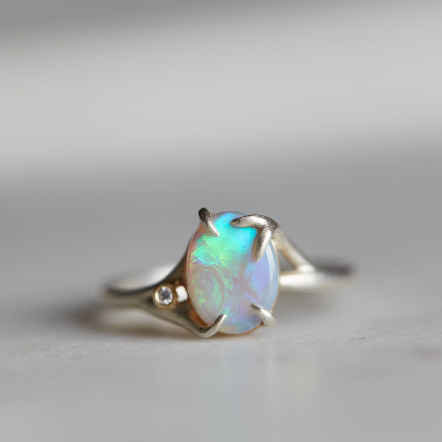 Opal Bramble ring with diamond, straight on. made from silver with 14k gold