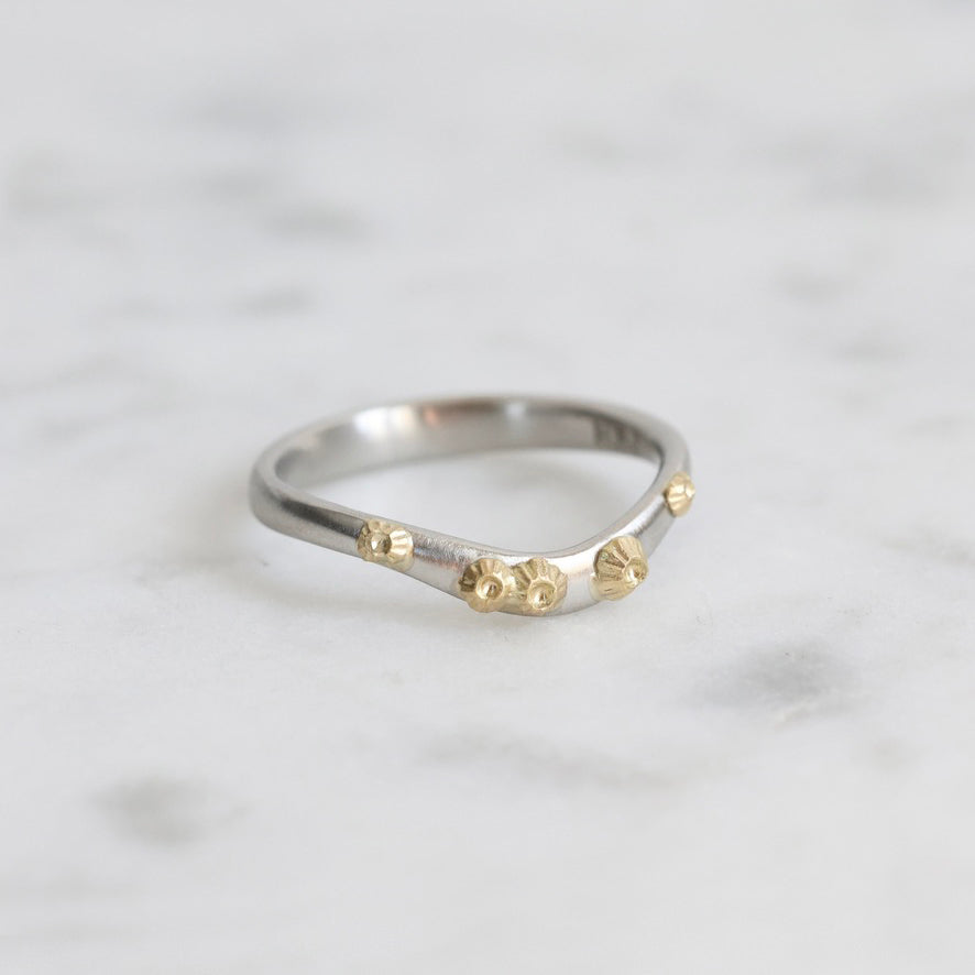 Silver ring with gold accents on a light gray background