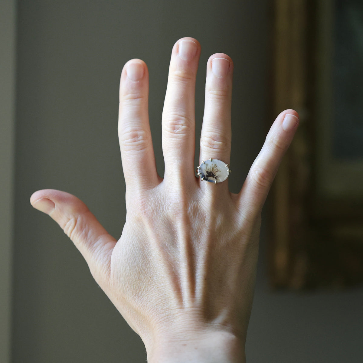 A hand wearing a silver-toned ring with a white and black marbled stone, shown against a soft-focus indoor background.